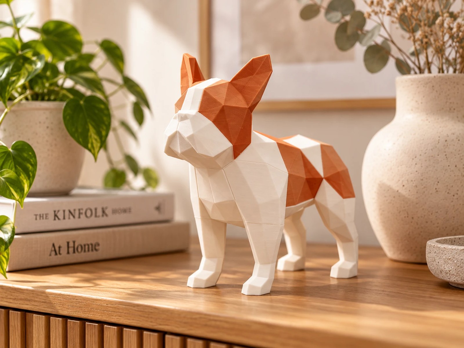 Bulldog Pháp MAGORA cam đất đặt trên kệ gỗ