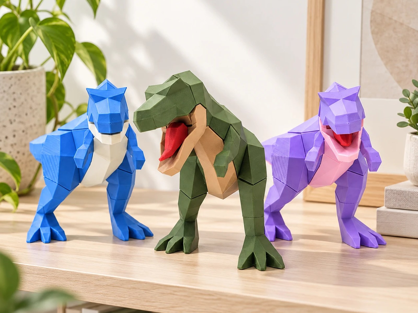 Ba chú khủng long T-Rex MAGORA trưng bày trên kệ gỗ