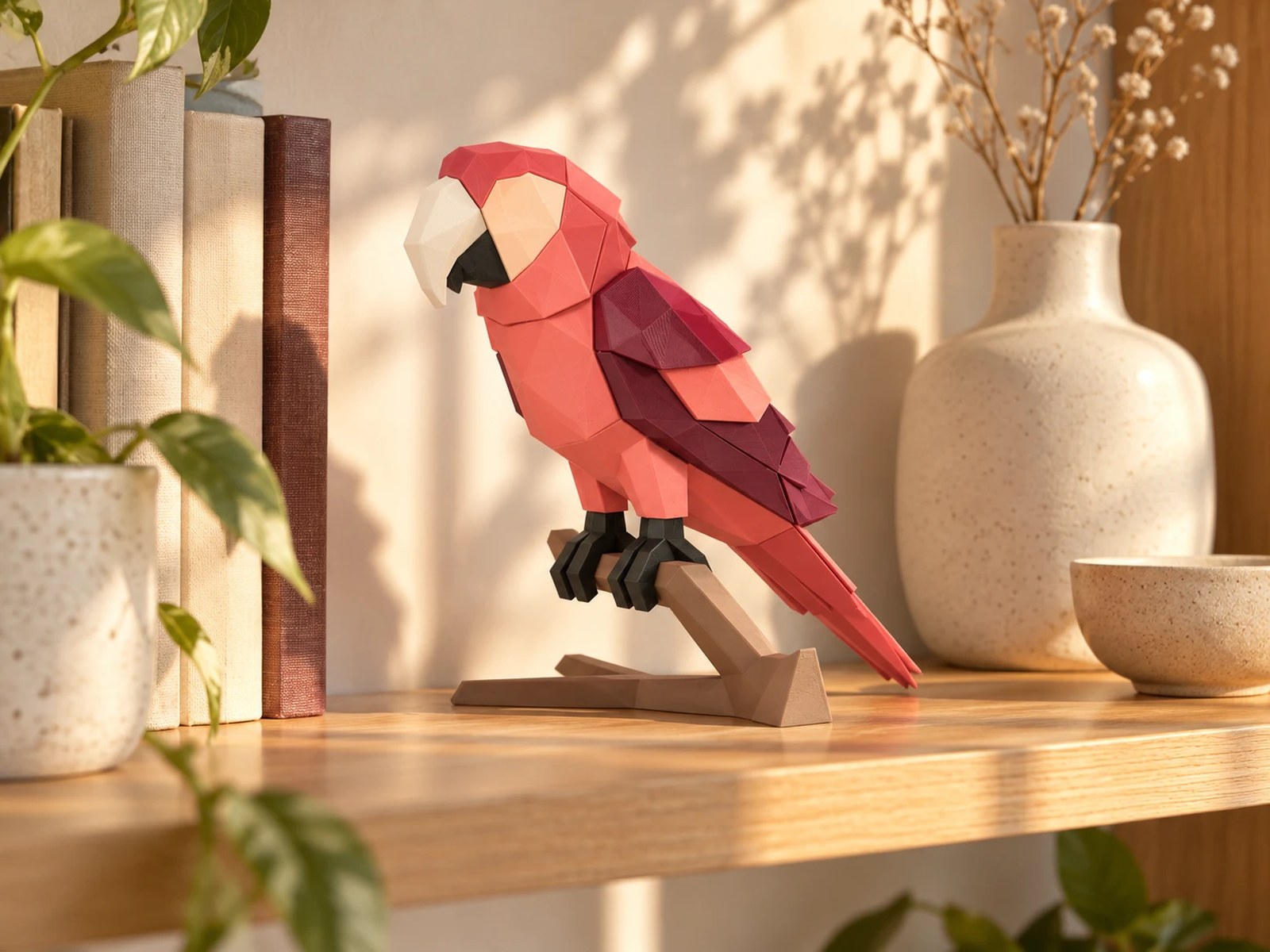 Vẹt Macaw MAGORA phối đỏ hồng và đỏ đô trên kệ gỗ