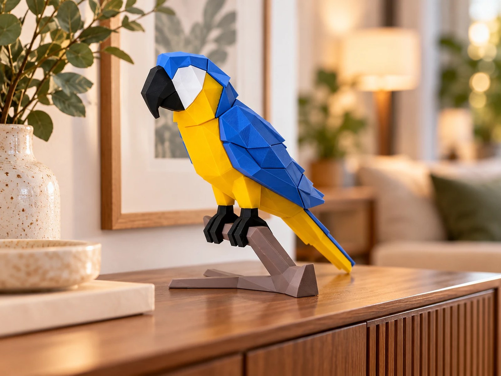 Vẹt Macaw MAGORA phối xanh dương và vàng trên tủ gỗ
