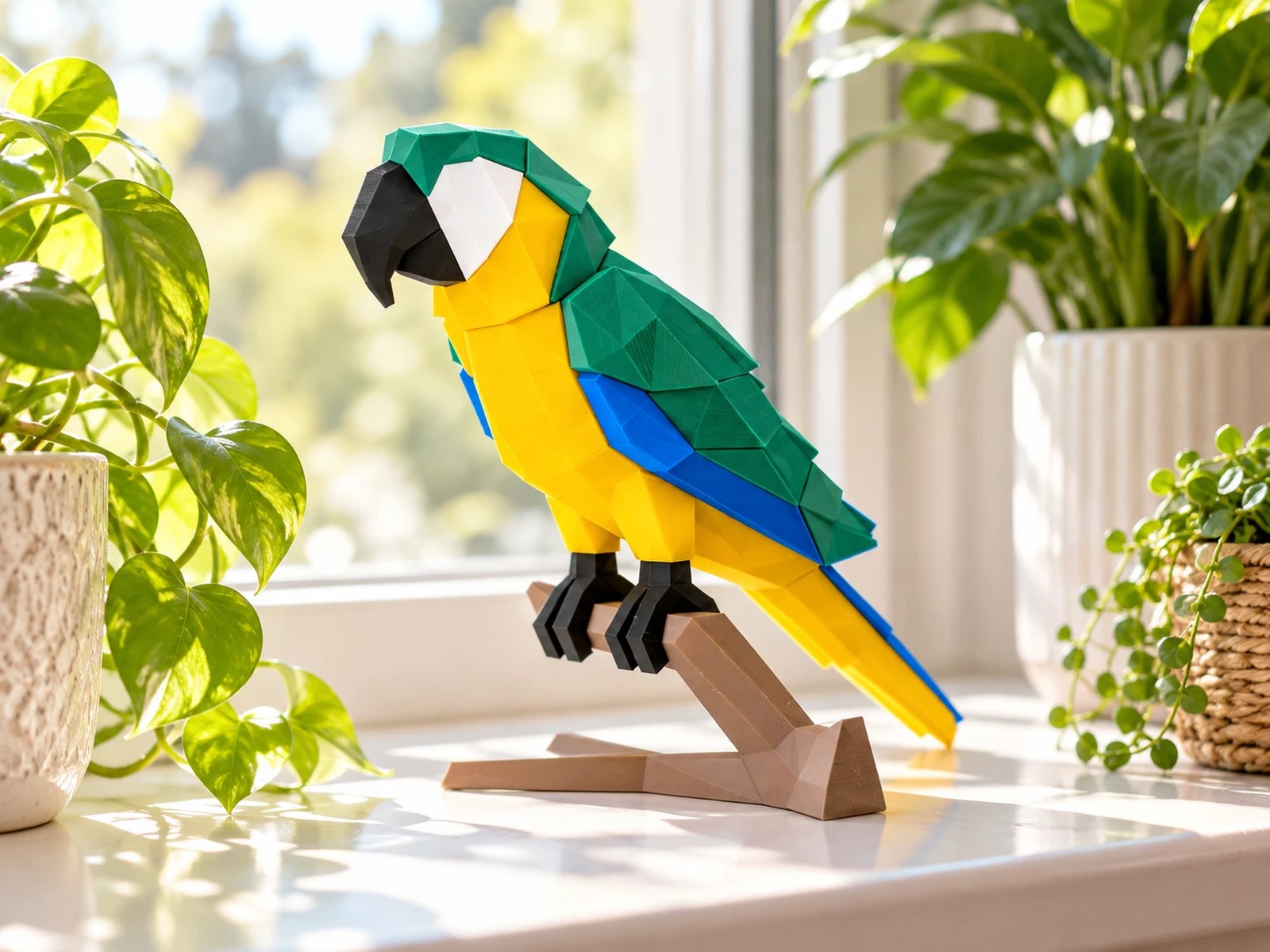 Vẹt Macaw MAGORA phối xanh lá, vàng và xanh dương bên cửa sổ